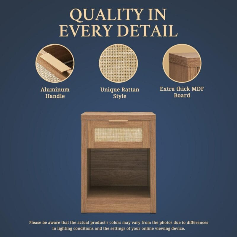 OAKHAM Rattan Nightstand set of 2 with Charging Station, Bedside Table with Type-C/USB Port, Boho Side Tables End Table for Living Room, Bedroom, Weathered Oak - Image 4