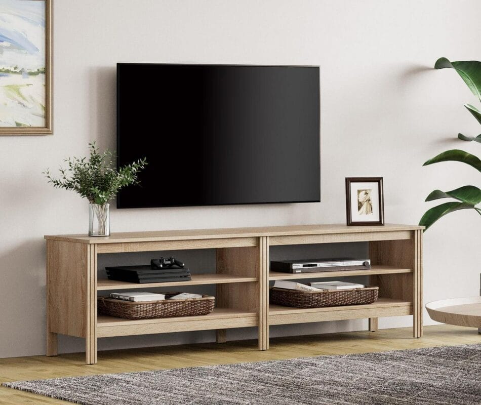Oak TV Stand for 75 Inch TV, Farmhouse Wood TV Cabinet with 4 Cubby for Living Room Bedroom,70 inch - Image 3