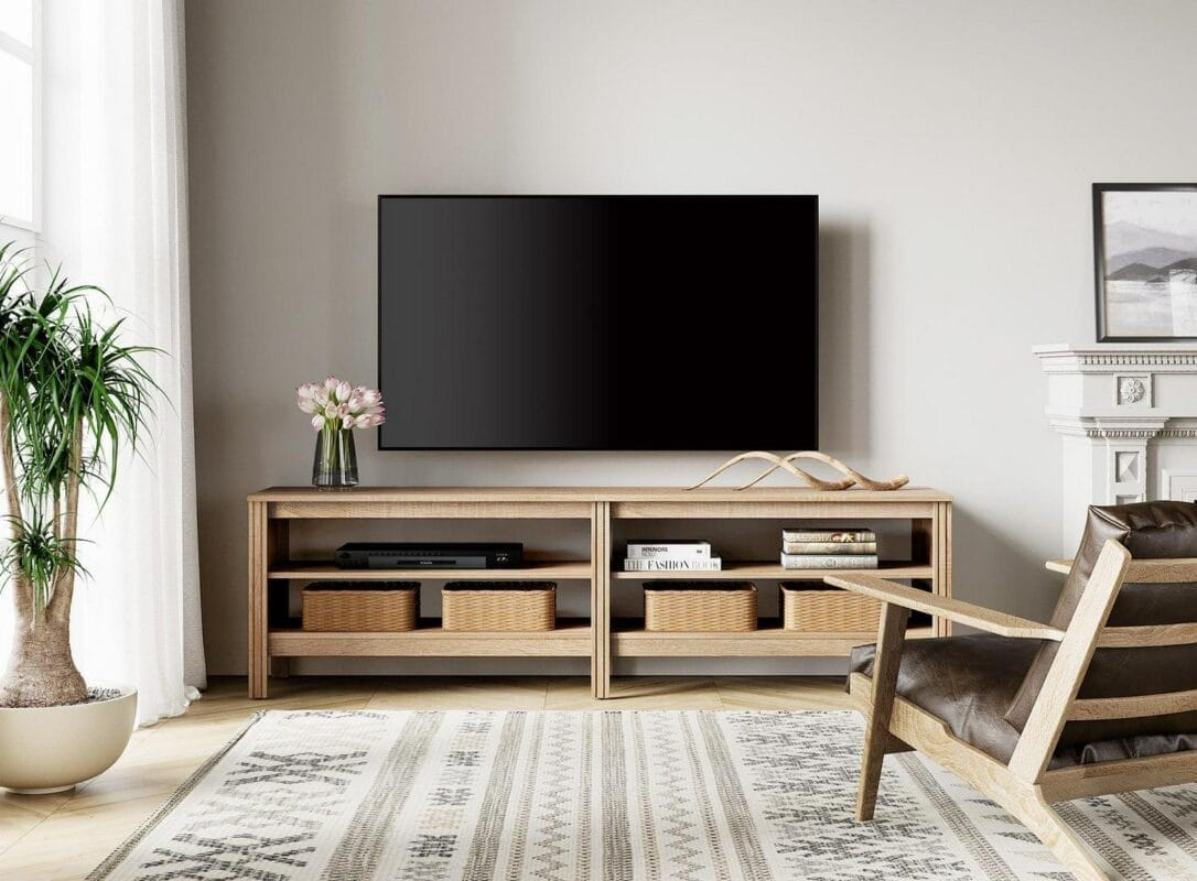 Oak TV Stand for 75 Inch TV, Farmhouse Wood TV Cabinet with 4 Cubby for Living Room Bedroom,70 inch