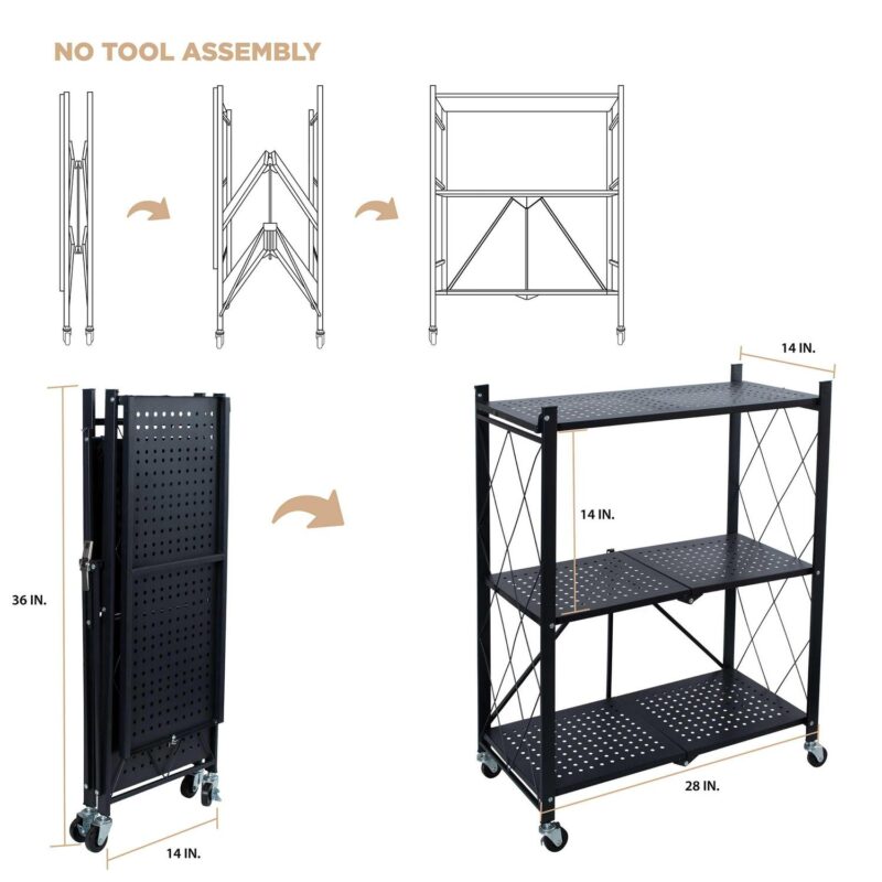 Organize It All 3 Shelf Foldable Metal Storage Shelves, Wheels, Adult, Kitchen, Laundry Room, Black - Image 2