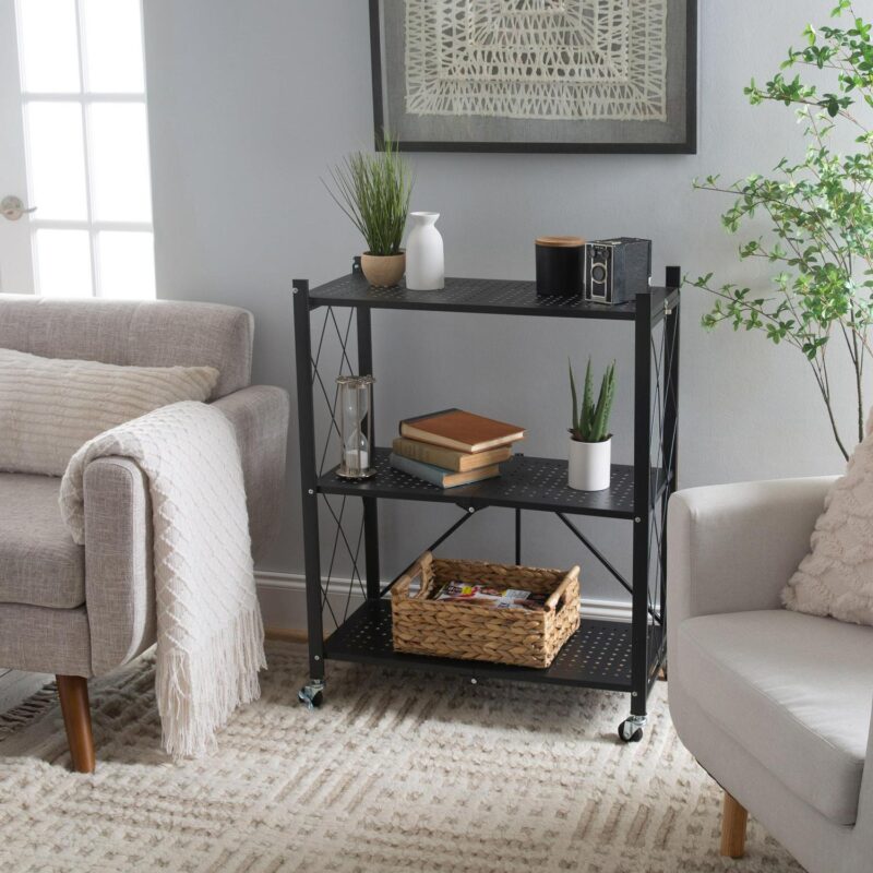 Organize It All 3 Shelf Foldable Metal Storage Shelves, Wheels, Adult, Kitchen, Laundry Room, Black - Image 7
