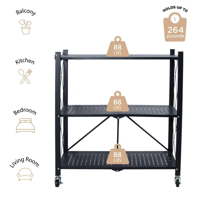 Organize It All 3 Shelf Foldable Metal Storage Shelves, Wheels, Adult, Kitchen, Laundry Room, Black - Image 4