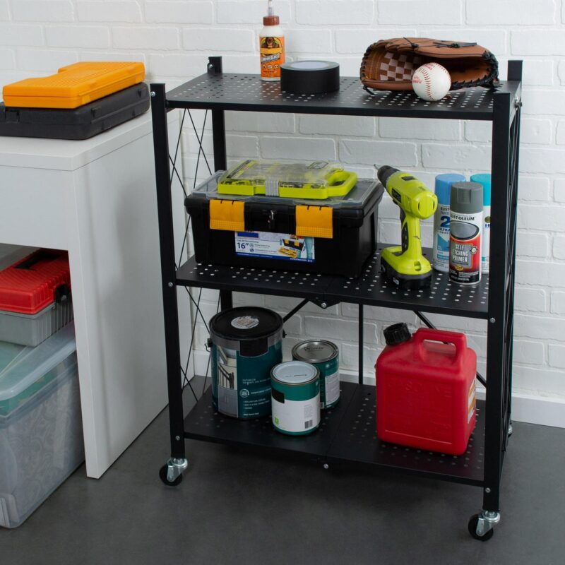 Organize It All 3 Shelf Foldable Metal Storage Shelves, Wheels, Adult, Kitchen, Laundry Room, Black - Image 6