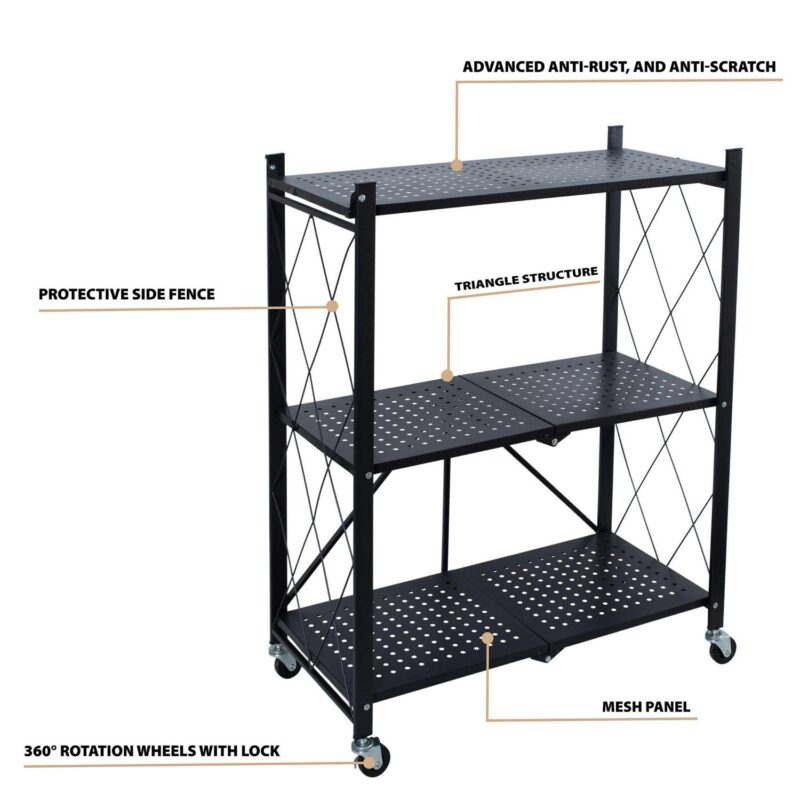 Organize It All 3 Shelf Foldable Metal Storage Shelves, Wheels, Adult, Kitchen, Laundry Room, Black - Image 3