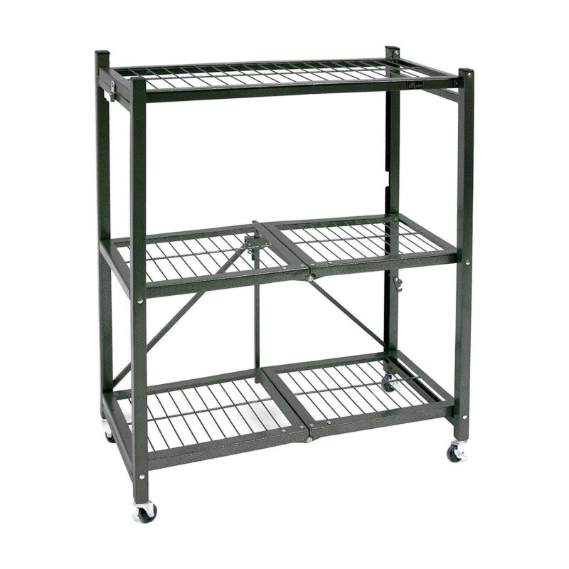 Origami R3 General Purpose Foldable 3-Tiered Shelf Storage Rack and Wheels, Pewter