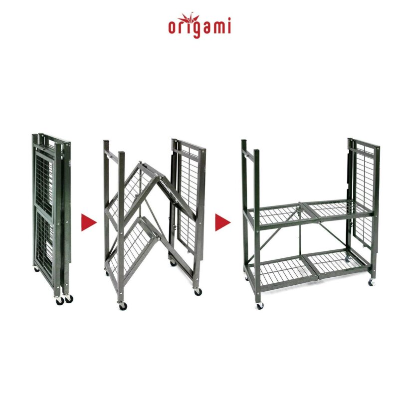 Origami R3 General Purpose Foldable 3-Tiered Shelf Storage Rack and Wheels, Pewter - Image 6