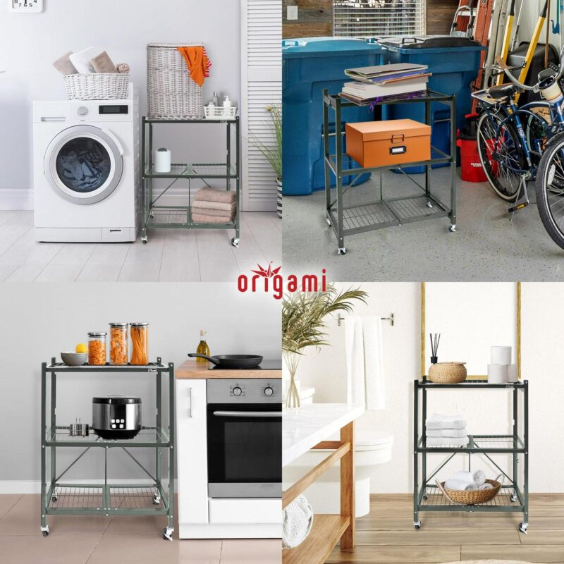 Origami R3 General Purpose Foldable 3-Tiered Shelf Storage Rack and Wheels, Pewter - Image 4