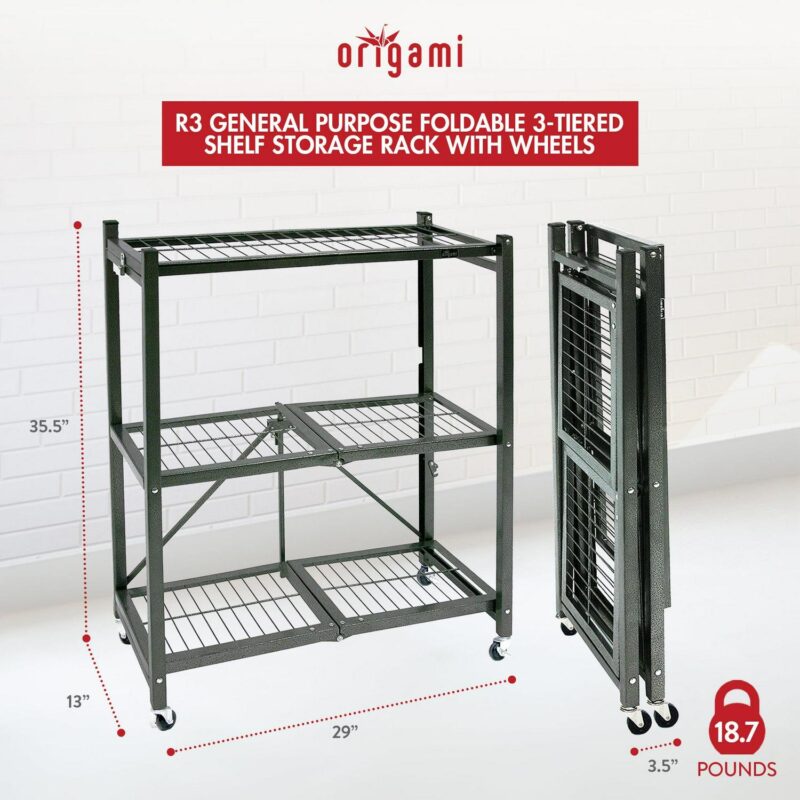 Origami R3 General Purpose Foldable 3-Tiered Shelf Storage Rack and Wheels, Pewter - Image 2