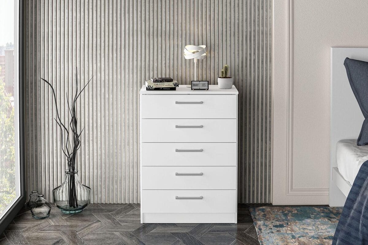 Polifurniture Juliette Modern 5 Drawer Wood Dresser, White Finish