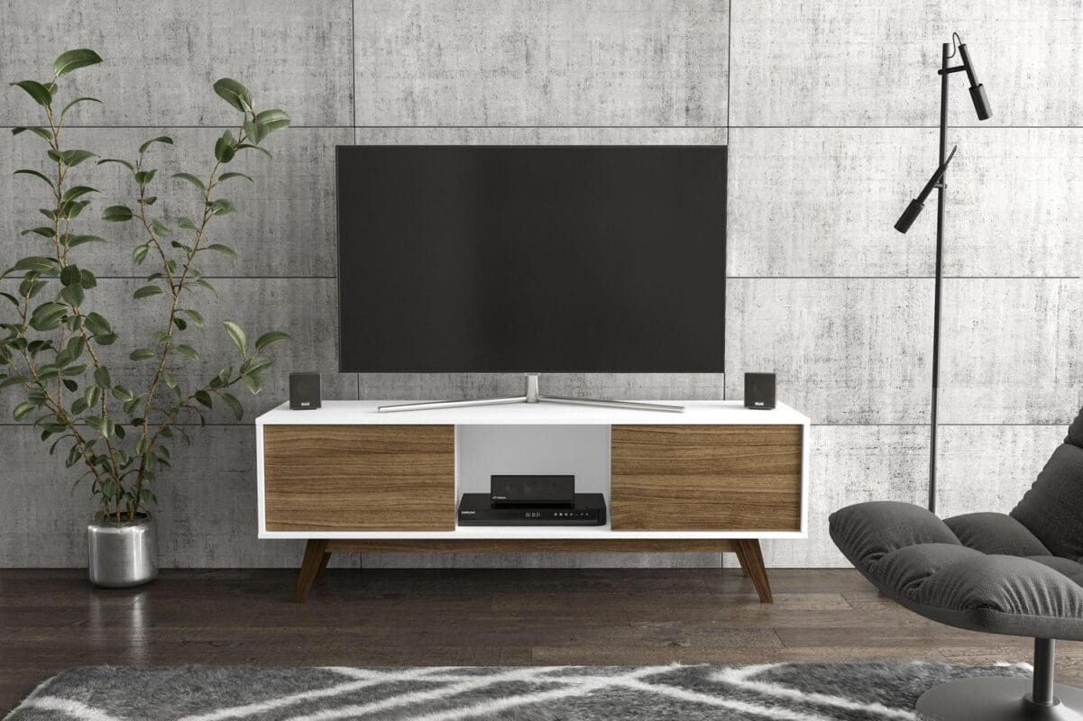 Polifurniture Porto Rico 2 Door TV Stand for TVs up to 65 , White and Walnut - Image 2