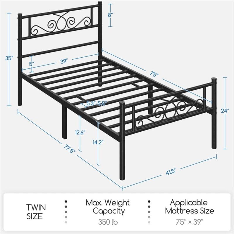 Renwick Jocelyn Modern Scroll Metal Platform Twin Bed, Black - Image 4