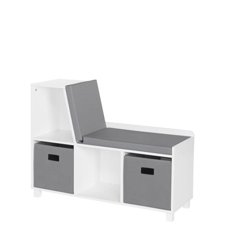 RiverRidge Kids Reading Nook Cushioned Toy Storage Bench with Cubby Organizers and 2 Gray Fabric Bins- White - Image 2
