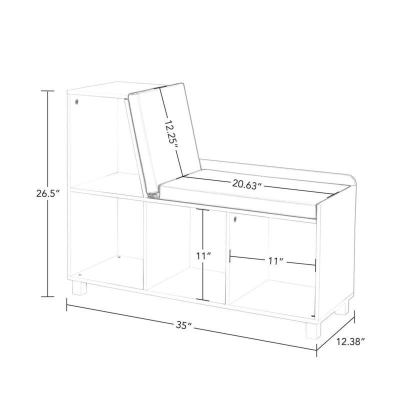 RiverRidge Kids Reading Nook Cushioned Toy Storage Bench with Cubby Organizers and 2 Gray Fabric Bins- White - Image 7