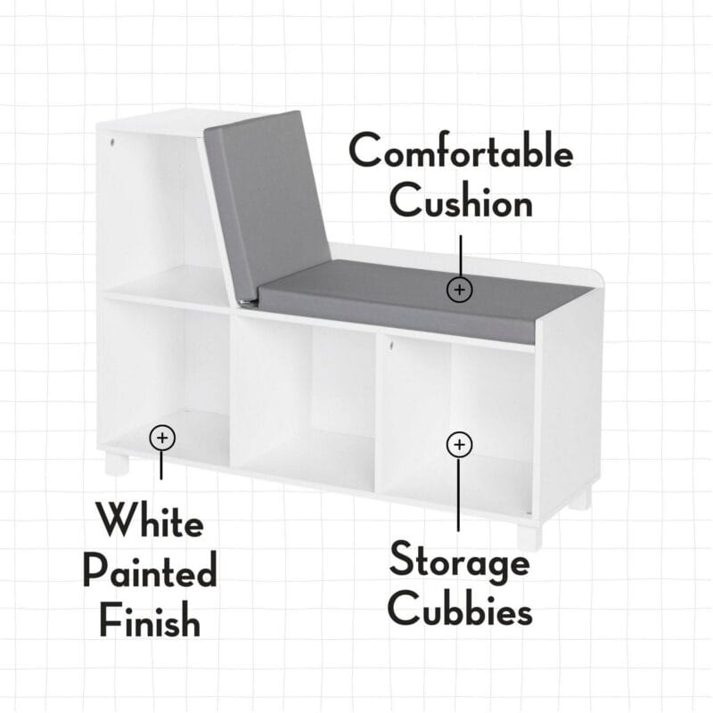 RiverRidge Kids Reading Nook Cushioned Toy Storage Bench with Cubby Organizers and 2 Gray Fabric Bins- White - Image 4