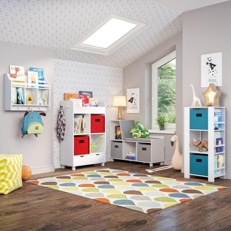 RiverRidge Kids Reading Nook Cushioned Toy Storage Bench with Cubby Organizers and 2 Gray Fabric Bins- White - Image 3