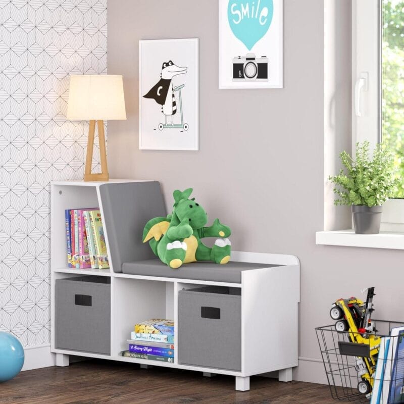 RiverRidge Kids Reading Nook Cushioned Toy Storage Bench with Cubby Organizers and 2 Gray Fabric Bins- White