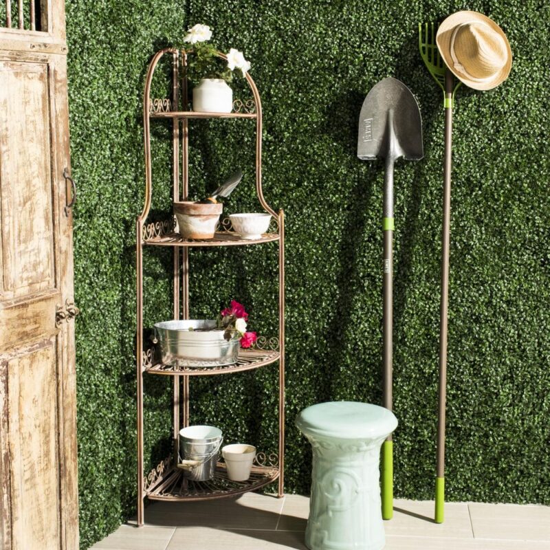 SAFAVIEH Abarrane Outdoor Wrought Iron 4 Tier Corner Shelf, Rust