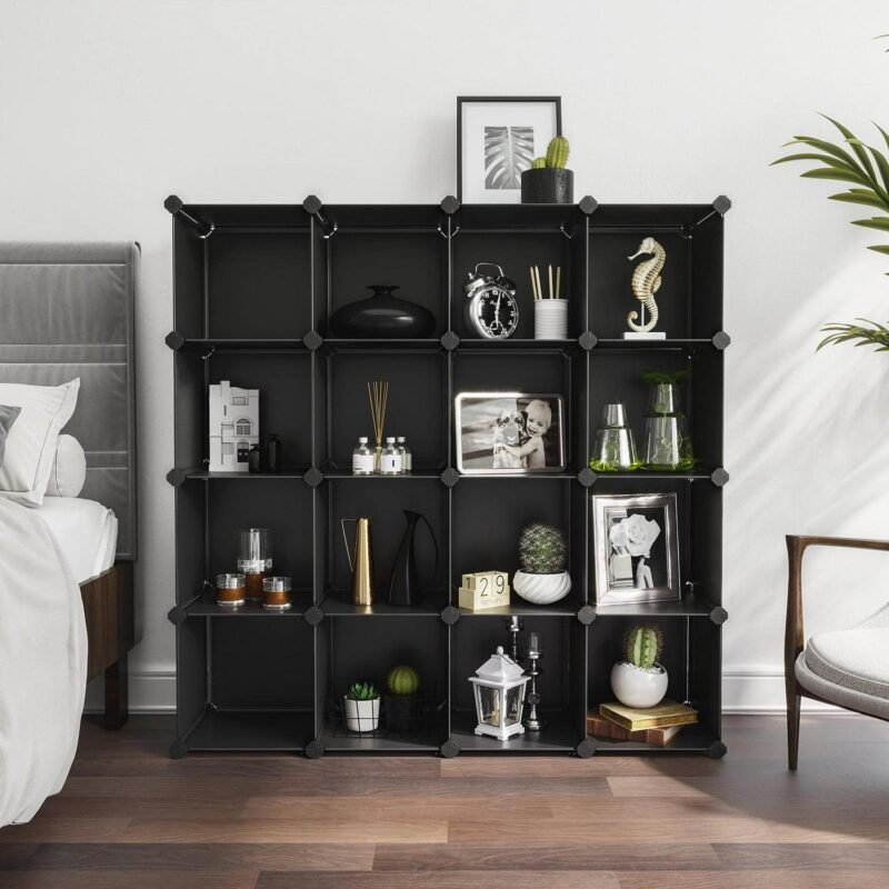 SONGMICS 16 Cube Storage Organizer Modular Storage Cube Bookshelf DIY Plastic Storage Shelves for Home Office Bedroom Black - Image 4