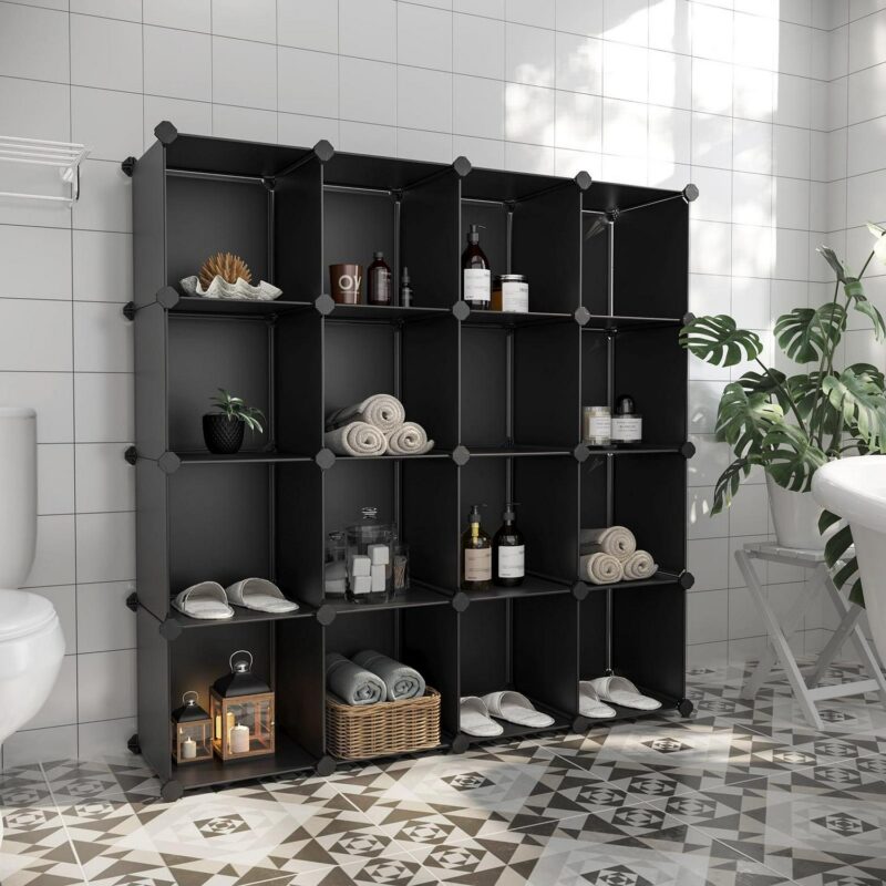 SONGMICS 16 Cube Storage Organizer Modular Storage Cube Bookshelf DIY Plastic Storage Shelves for Home Office Bedroom Black - Image 5
