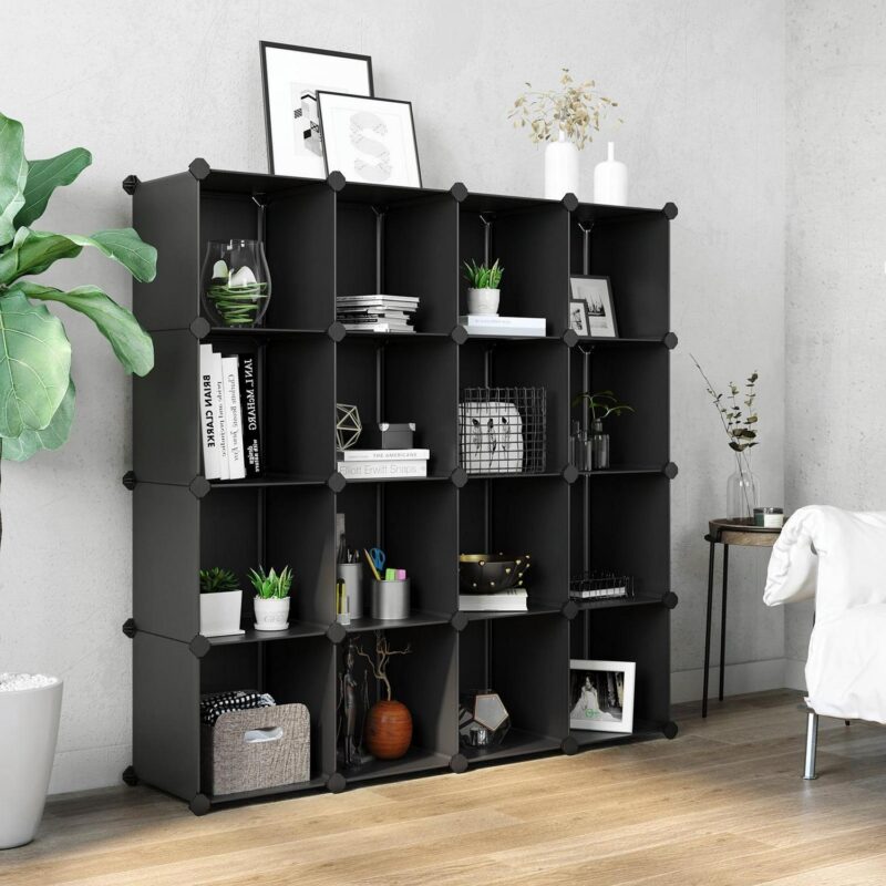SONGMICS 16 Cube Storage Organizer Modular Storage Cube Bookshelf DIY Plastic Storage Shelves for Home Office Bedroom Black