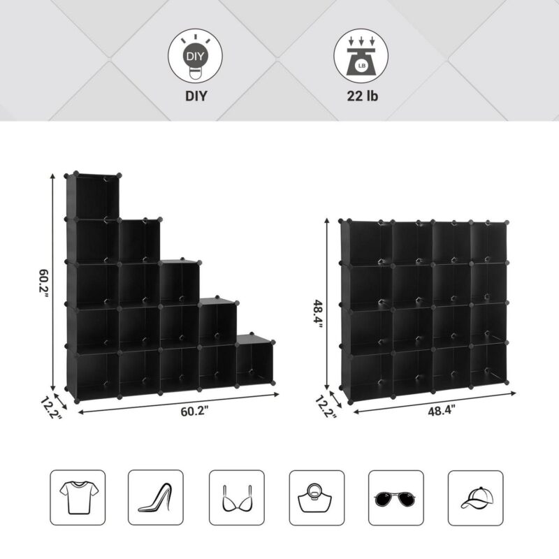 SONGMICS 16 Cube Storage Organizer Modular Storage Cube Bookshelf DIY Plastic Storage Shelves for Home Office Bedroom Black - Image 3