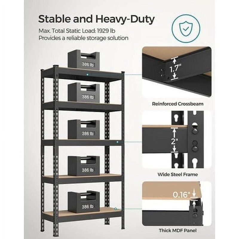 SONGMICS 5-Tier Storage Shelves Garage Storage Boltless Assembly Adjustable Shelving Units 11.8 x 29.5 x 59.1 Inches Load 1929 lb Each Shed Warehouse Basement, Black - Image 10