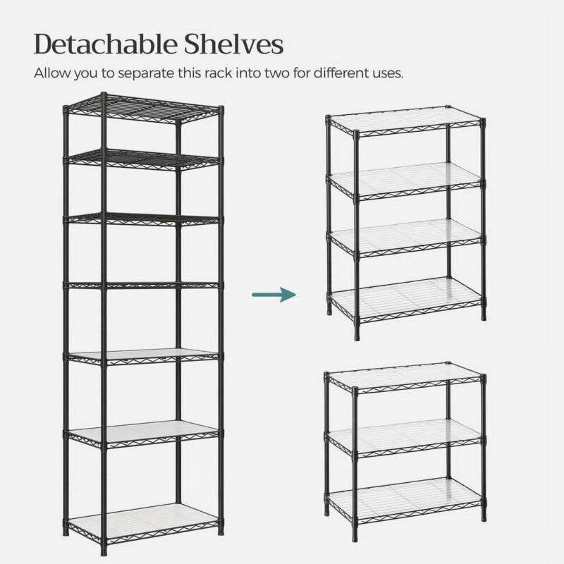 SONGMICS 7-Tier Metal Storage Shelves Wire Shelving Unit Garage Shelving Storage Rack Kitchen Living Room 8 Hooks Adjustable Shelves Total Max. Load 616 lb Black - Image 6