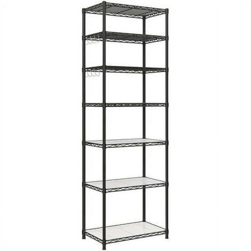 SONGMICS 7-Tier Metal Storage Shelves Wire Shelving Unit Garage Shelving Storage Rack Kitchen Living Room 8 Hooks Adjustable Shelves Total Max. Load 616 lb Black