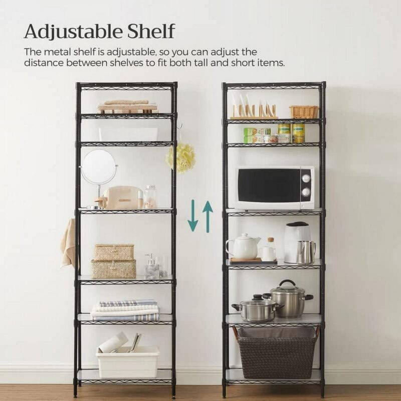 SONGMICS 7-Tier Metal Storage Shelves Wire Shelving Unit Garage Shelving Storage Rack Kitchen Living Room 8 Hooks Adjustable Shelves Total Max. Load 616 lb Black - Image 5