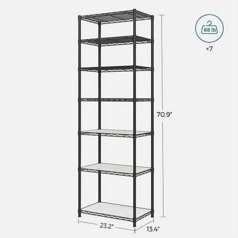 SONGMICS 7-Tier Metal Storage Shelves Wire Shelving Unit Garage Shelving Storage Rack Kitchen Living Room 8 Hooks Adjustable Shelves Total Max. Load 616 lb Black - Image 3