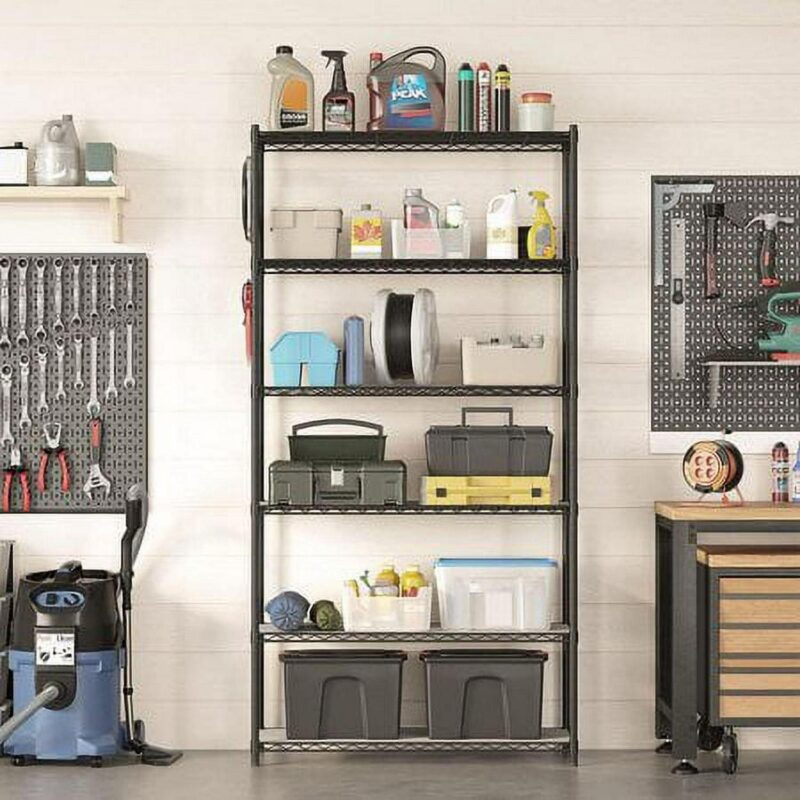 SONGMICS 7-Tier Metal Storage Shelves Wire Shelving Unit Garage Shelving Storage Rack Kitchen Living Room 8 Hooks Adjustable Shelves Total Max. Load 616 lb Black - Image 8