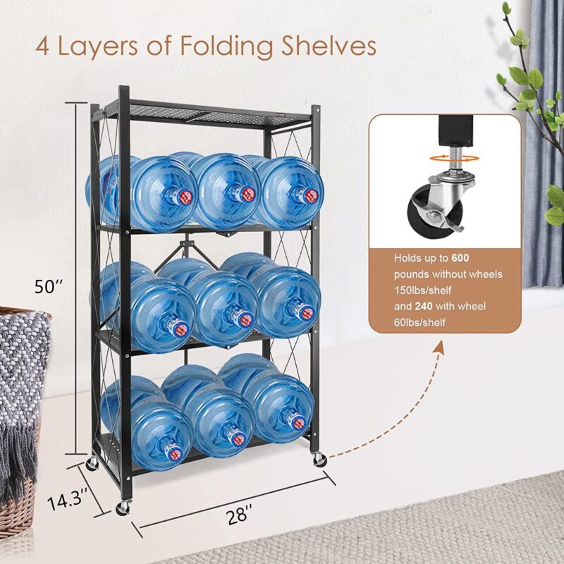 SUGIFT 4-Tier Foldable Storage Shelf, Heavy Duty Metal Shelf, Kitchen Shelf with 3 Hooks, Black - Image 7