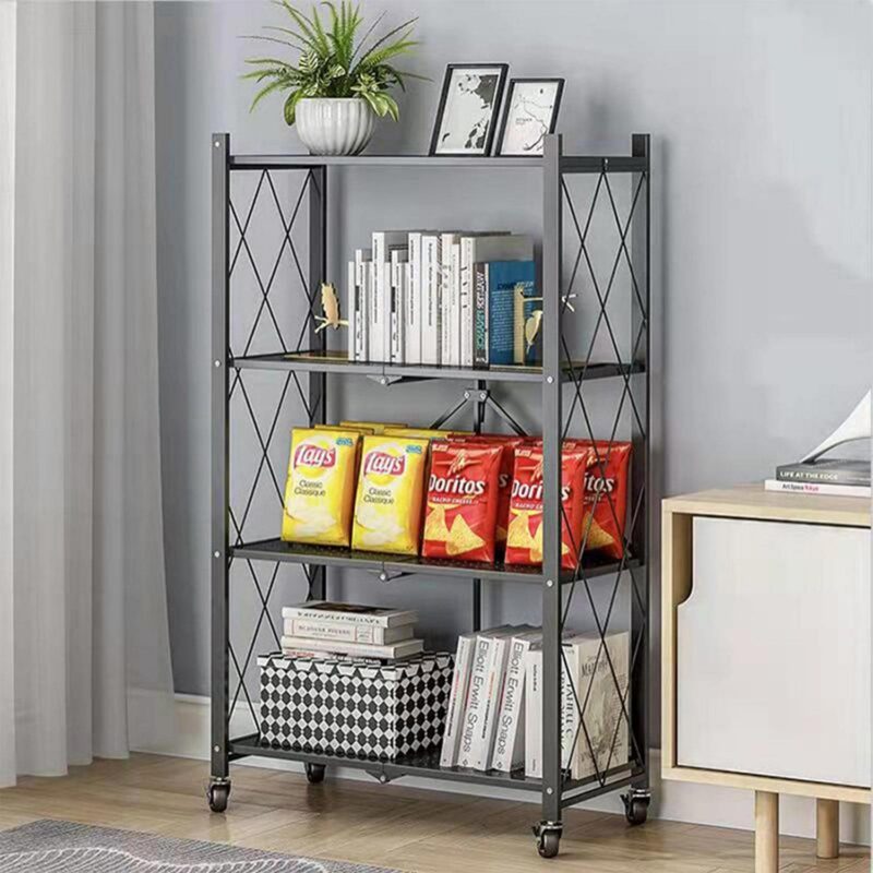 SUGIFT 4-Tier Foldable Storage Shelf, Heavy Duty Metal Shelf, Kitchen Shelf with 3 Hooks, Black - Image 4