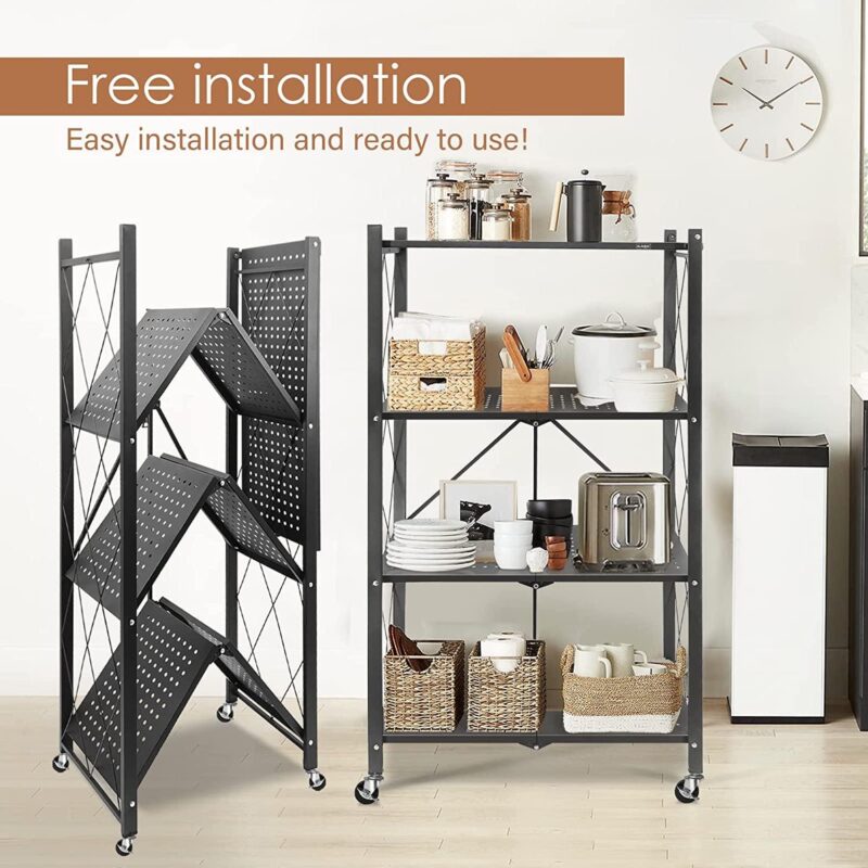 SUGIFT 4-Tier Foldable Storage Shelf, Heavy Duty Metal Shelf, Kitchen Shelf with 3 Hooks, Black - Image 3
