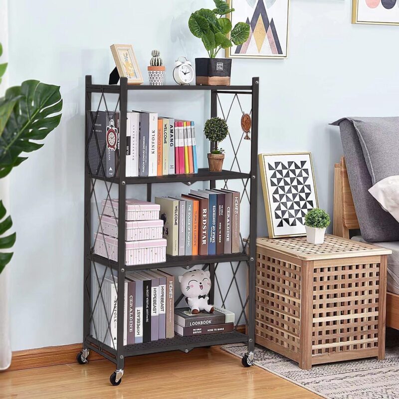 SUGIFT 4-Tier Foldable Storage Shelf, Heavy Duty Metal Shelf, Kitchen Shelf with 3 Hooks, Black - Image 2