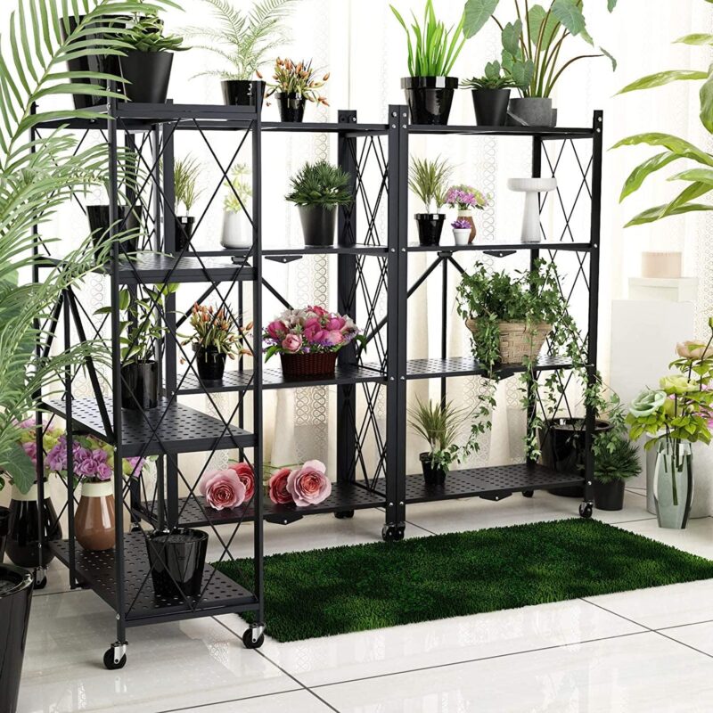 SUGIFT 4-Tier Foldable Storage Shelf, Heavy Duty Metal Shelf, Kitchen Shelf with 3 Hooks, Black - Image 8