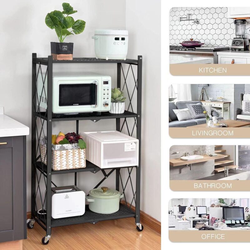 SUGIFT 4-Tier Foldable Storage Shelf, Heavy Duty Metal Shelf, Kitchen Shelf with 3 Hooks, Black - Image 9