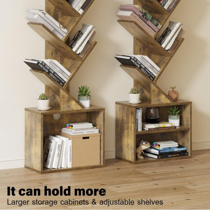 SUNMORY Bookcase, 6 Tier Tree Bookshelf, Small Bookcase with Storage Cabinet, Modern Tall Narrow Bookshelves Organizer, Floor Standing Book Shelf for Bedroom/Living Room, Rustic Broook - Image 4