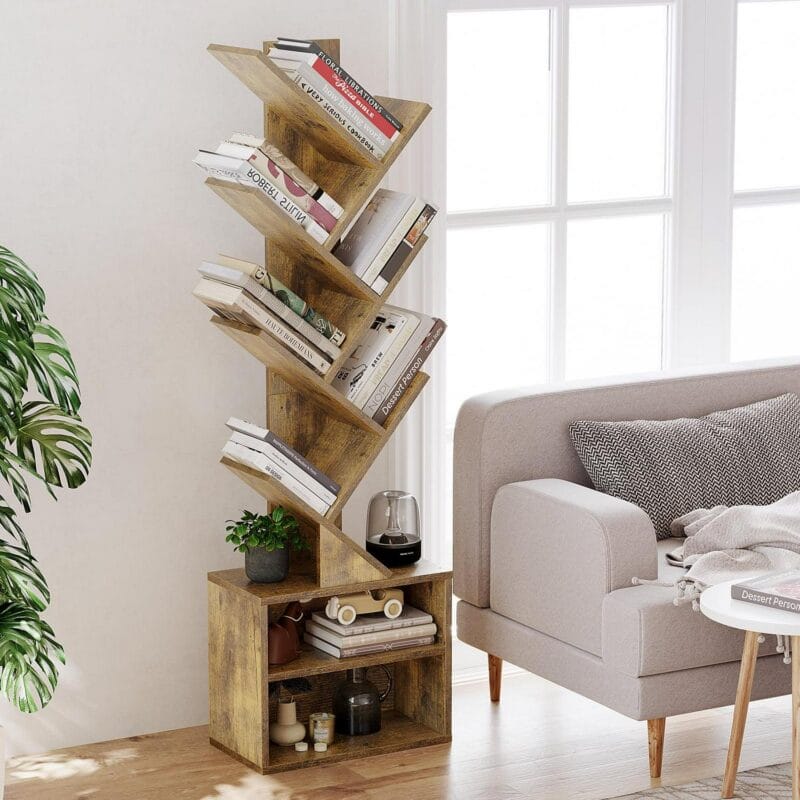 SUNMORY Bookcase, 6 Tier Tree Bookshelf, Small Bookcase with Storage Cabinet, Modern Tall Narrow Bookshelves Organizer, Floor Standing Book Shelf for Bedroom/Living Room, Rustic Broook - Image 5