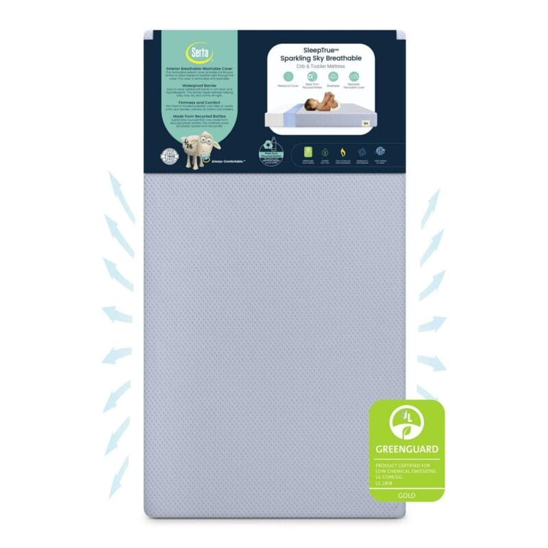 Serta SleepTrue Sparkling Sky Breathable Baby Bed Crib Mattress and Toddler Mattress with Removable/Machine Washable Cover - GREENGUARD Gold a Waterproof - Sustainably Sourced Core Fiber Core, Blue