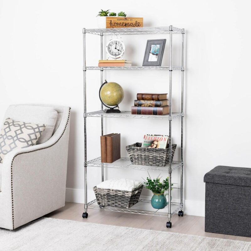 Seville Classics 5-Tier Steel Wire Shelving with Wheels, 30  W x 14  D x 60  H, Chrome