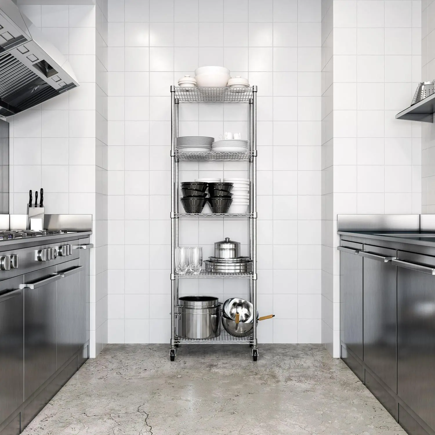 Seville Classics UltraDurable Commercial-Grade 5-Tier NSF-Certified Steel Wire Shelving with Wheels, 24 x 18 Chrome 4 Seville Classics UltraDurable Commercial-Grade 5-Tier NSF-Certified Steel Wire Shelving with Wheels, 24 x 18 Chrome - Image 4