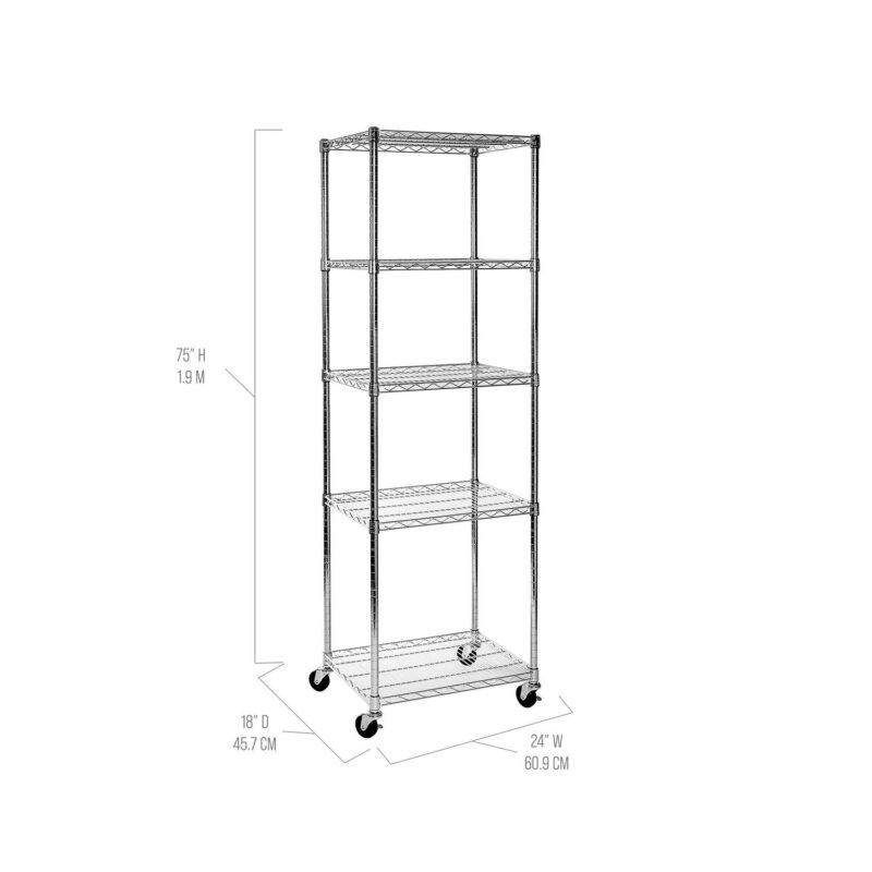 Seville Classics UltraDurable Commercial-Grade 5-Tier NSF-Certified Steel Wire Shelving with Wheels, 24  x 18  Chrome - Image 2