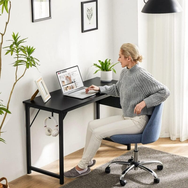 Small Computer Desk Small Office Desk 31 Inch Writing Desk Home Office Desks Small Space Desk Study Table Modern Simple Style Work Table with Storage Bag Iron Hook Metal Frame for Home, Bedroom - Image 2