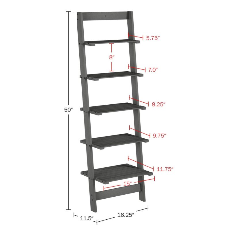 Somerset Home 5-Tier Leaning Ladder Bookshelf (Gray) - Image 3