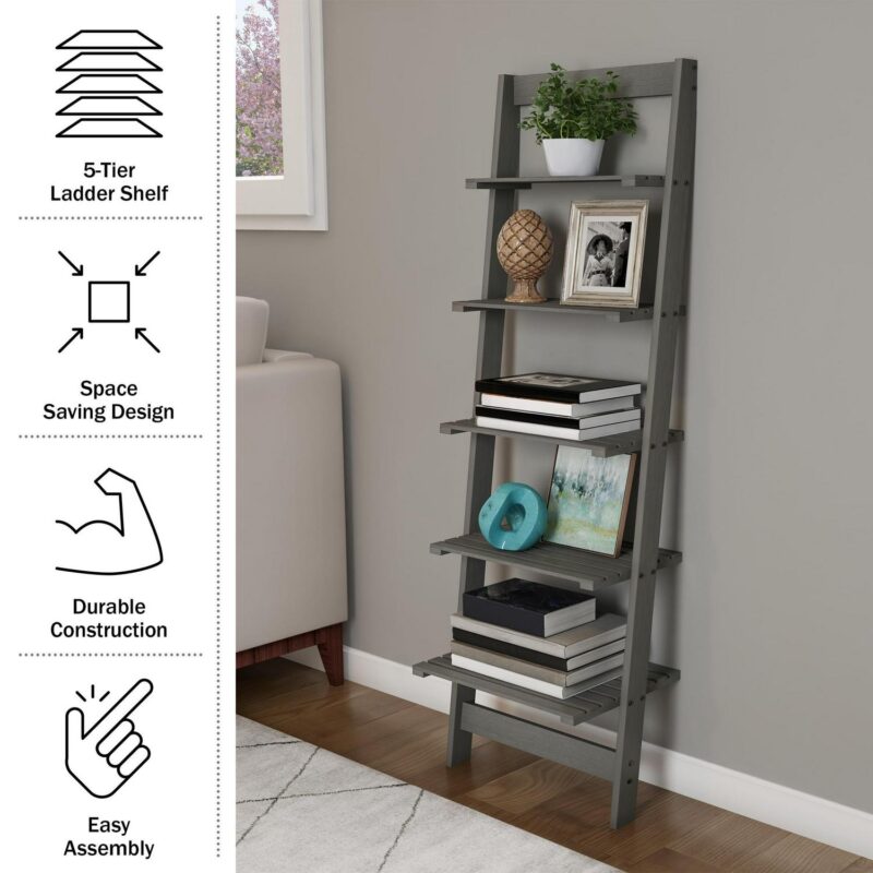 Somerset Home 5-Tier Leaning Ladder Bookshelf (Gray) - Image 2