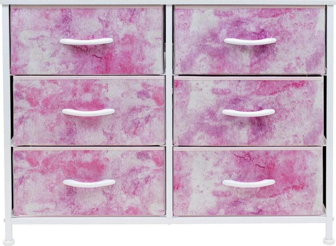 Sorbus Dresser with 6 Drawers - Furniture Storage Chest Tower Unit for Bedroom, Hallway, Closet, Office Organization - Steel Frame, Wood Top, Tie-dye Fabric Bins (6-Drawer, Pink) - Image 5