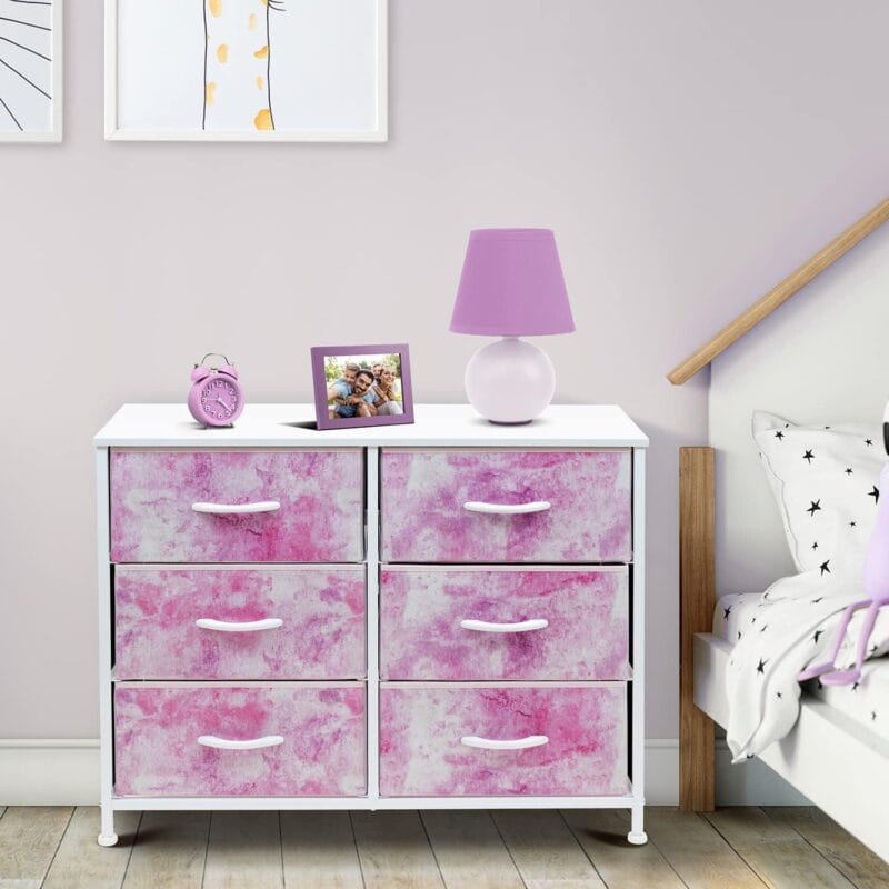 Sorbus Dresser with 6 Drawers - Furniture Storage Chest Tower Unit for Bedroom, Hallway, Closet, Office Organization - Steel Frame, Wood Top, Tie-dye Fabric Bins (6-Drawer, Pink) - Image 7