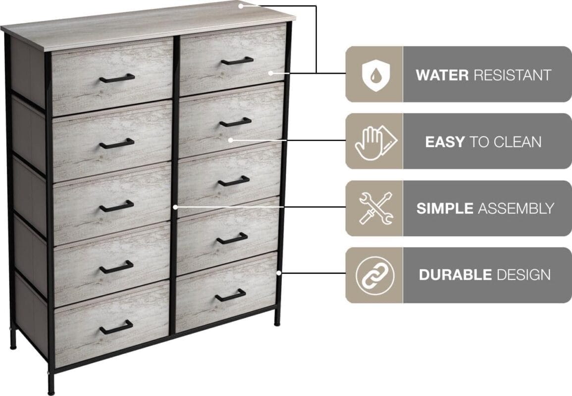 Sorbus Dresser with 10 Faux Wood Drawers - Storage Unit Organizer Chest for Clothes - Bedroom, Hallway, Living Room, Closet, and Dorm Furniture - Steel Frame, Wood Top, and Easy Pull Polyester Fabric Bins - Image 7