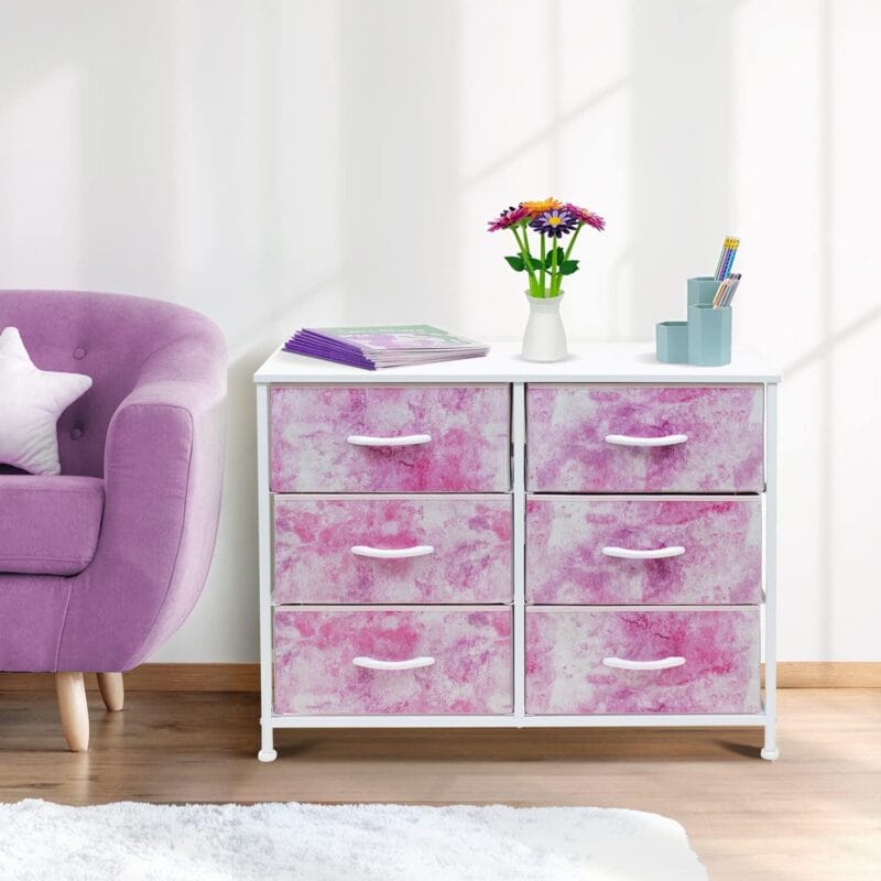 Sorbus Dresser with 6 Drawers - Furniture Storage Chest Tower Unit for Bedroom, Hallway, Closet, Office Organization - Steel Frame, Wood Top, Tie-dye Fabric Bins (6-Drawer, Pink) - Image 3